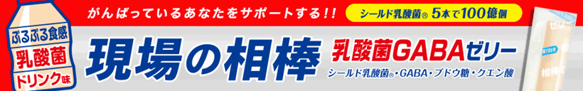 がんばっているあなたをサポートする!!シールド乳酸菌🄬5本で100億個 ぷるぷる食感乳酸菌ドリンク味 現場の相棒 乳酸菌GABAゼリー シールド乳酸菌🄬・GABA・ブドウ糖・クエン酸